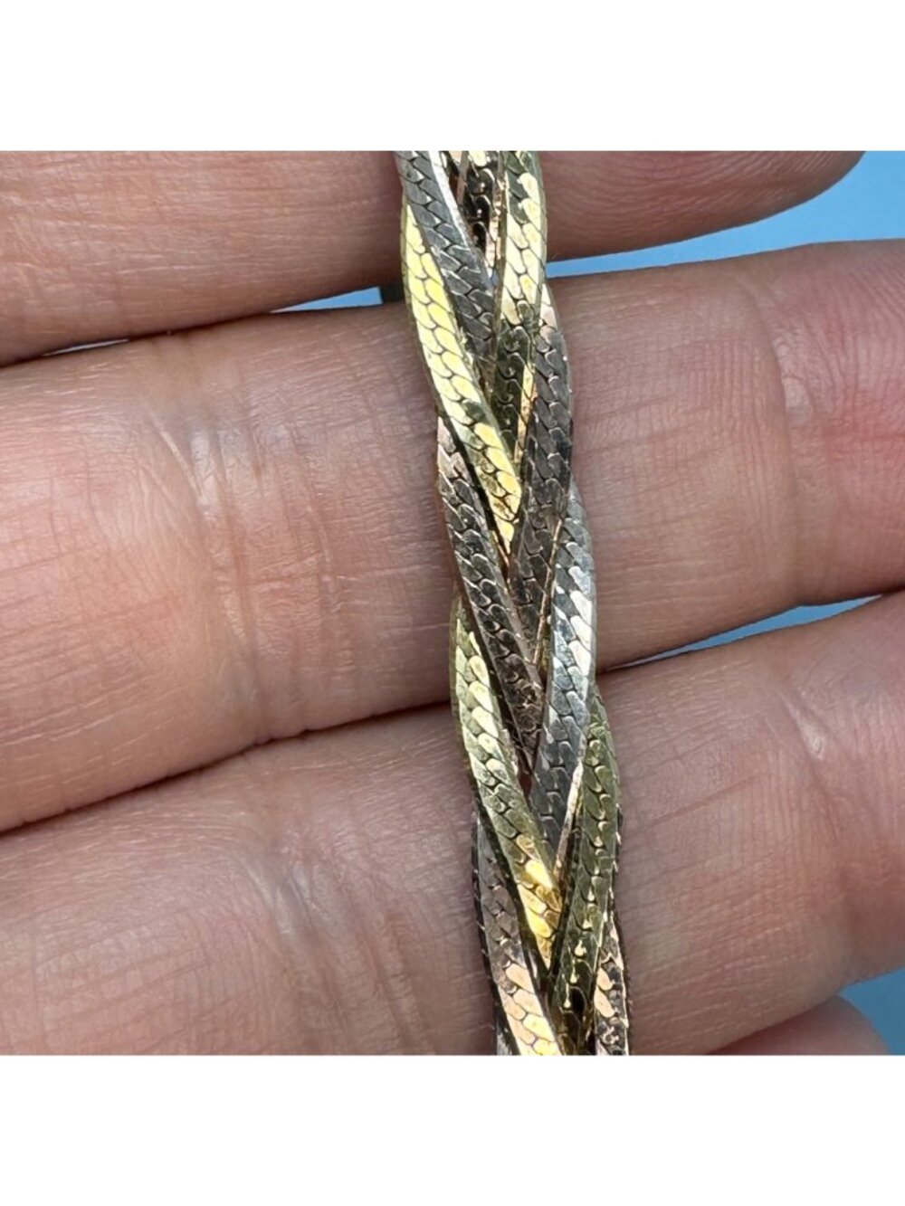 Tri-Color Braided Herringbone Bracelet Sterling Silver 925 Size 8'' Length - Picture 3 of 10